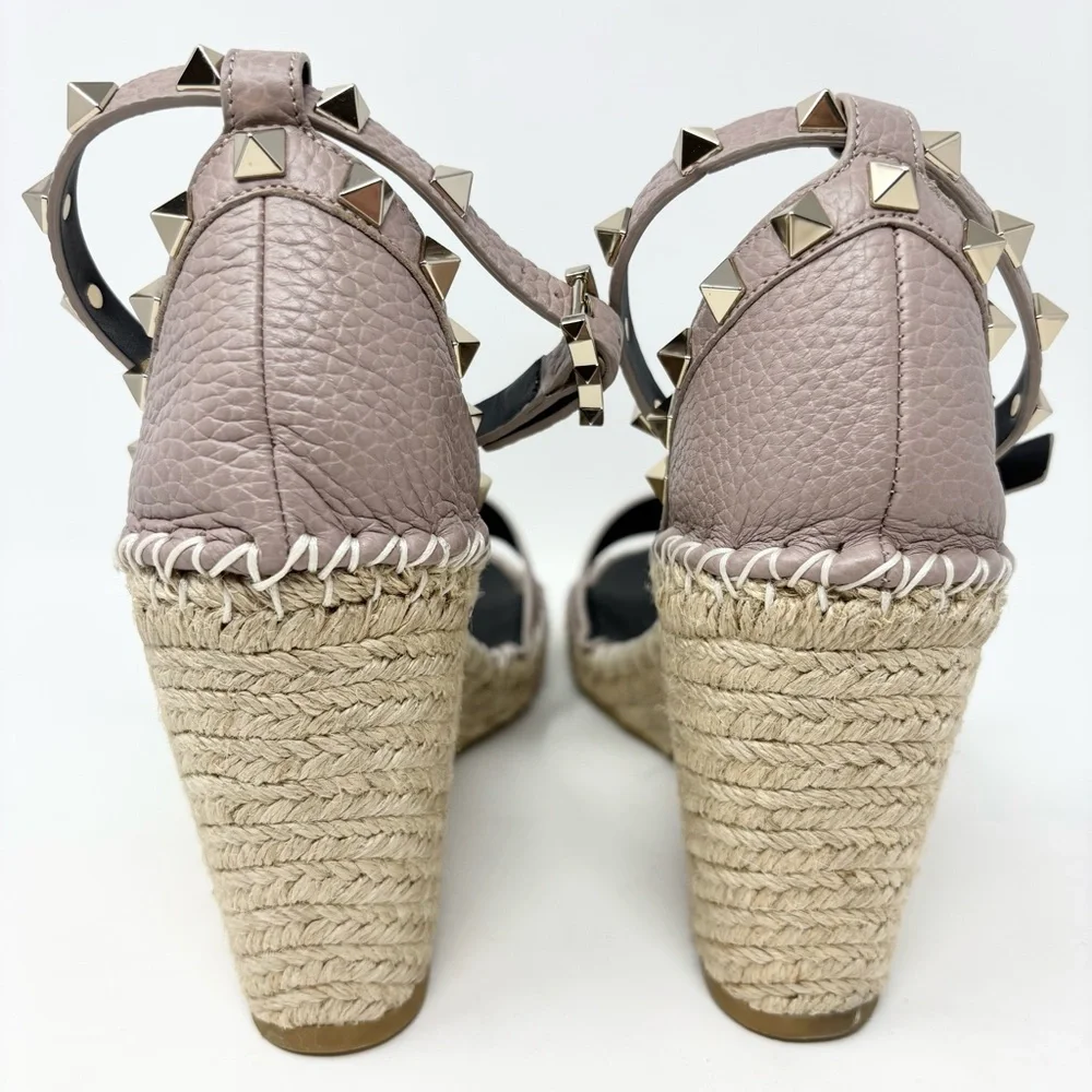 Valentino Garavani Double Rockstud Wedge Sandal 10 Poudre Espadrille Size 40 10